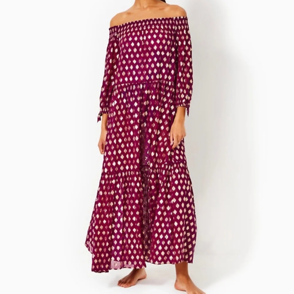 👍SOLD👍Lilly Pulitzer Dayla Maxi Cover-Up Amarena Cherry Pattern Play Viscose - Picture 2 of 15